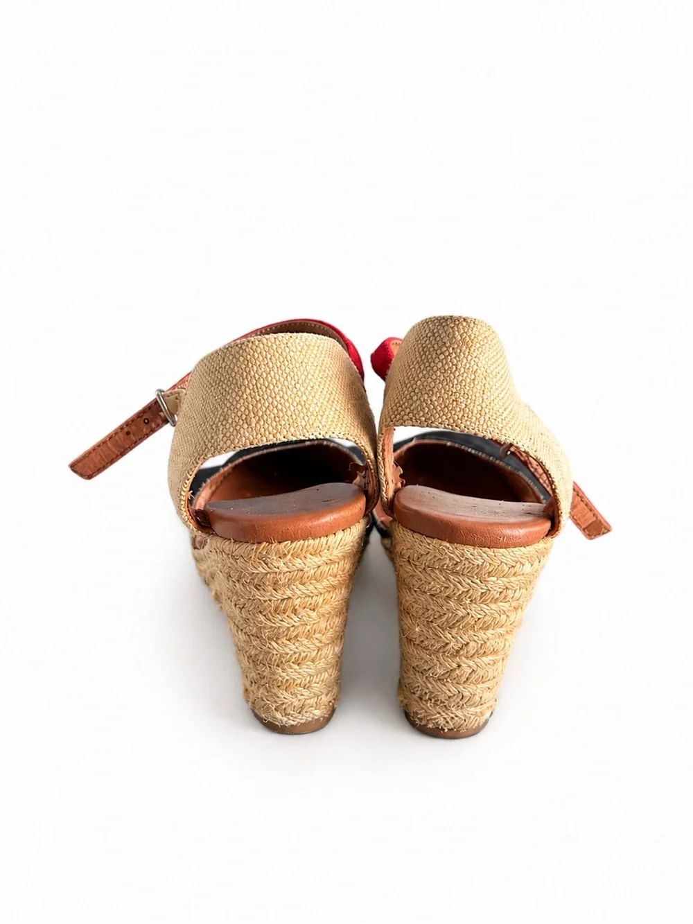 Women’s Black Suede Wedge Sandals with Red Ankle Strap